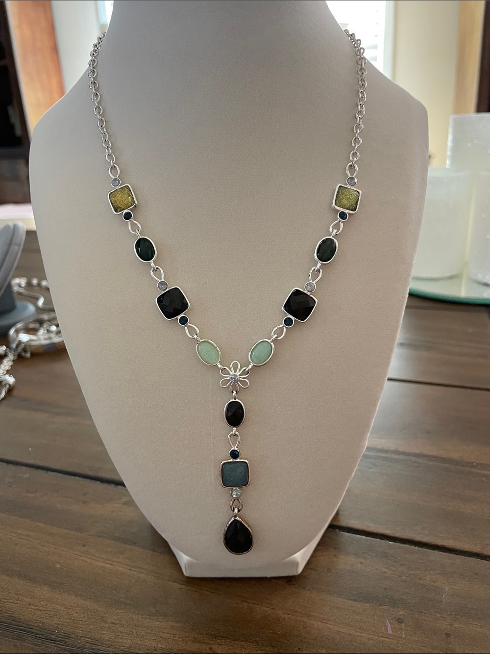 Lia Sophia Lauryn Style Silver Tone Y-Drop Necklace - Green & Black Cabochons